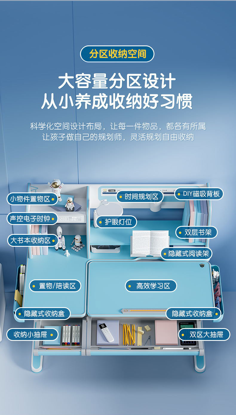 博士12001電動學習桌，大容納分區收納